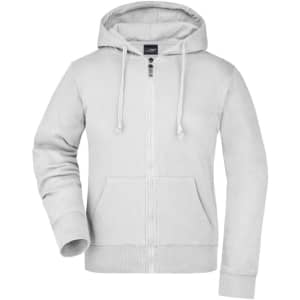 A white ladies' hooded jacket with a zip front and drawstrings, featuring a logo on the chest.