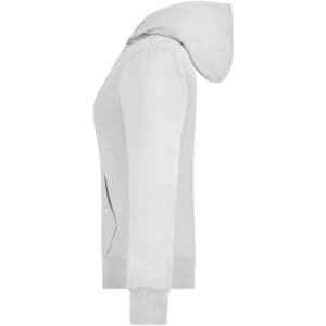 A grey ladies hooded jacket with a front pocket and ribbed cuffs, featuring a hood and a minimalist design.
