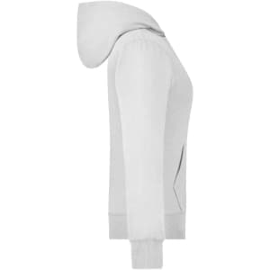 A grey ladies hooded jacket featuring a front zip and pockets, with a logo on the garment.