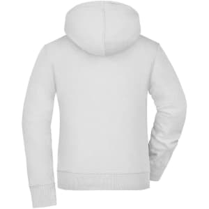 A white ladies hooded jacket with a back view, featuring a logo on the upper section. Smooth fabric texture visible.