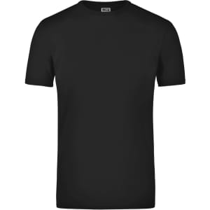 A black elastic T-shirt featuring a simple design and a small logo on the label. Suitable for casual wear.