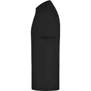 A black elastic T-shirt displayed from the side, featuring short sleeves and a simple design.