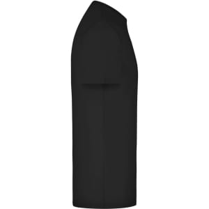 A black elastic T-shirt shown from the side, featuring a smooth design and a logo.