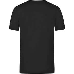 A black elastic T-shirt featuring a plain design on the back and a logo.