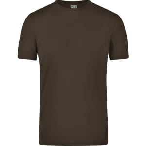 A brown elastic t-shirt with a round neckline and short sleeves, featuring a brand logo.