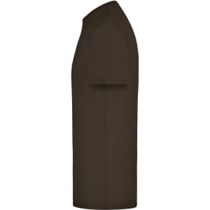 A brown elastic T-shirt displayed from the side, featuring short sleeves and a plain design, with a logo present.