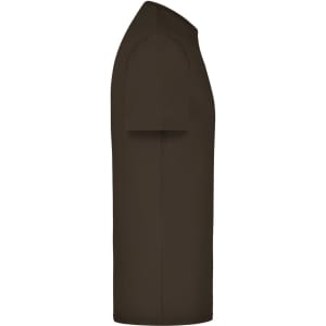A brown elastic T-shirt displayed from the side, featuring a simple design and short sleeves. It has a logo.