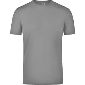 A grey elastic T-shirt with a round neckline and short sleeves, featuring a logo on the tag.