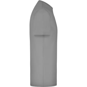 A grey elastic T-shirt viewed from the side, displaying its fitted design and short sleeves.