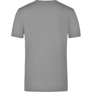 A grey elastic T-shirt with a rounded neckline and short sleeves, featuring a branding logo.