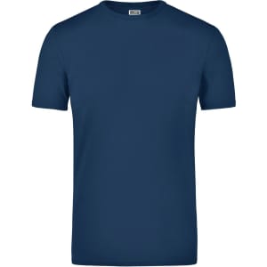 A navy blue elastic t-shirt with a round neck and short sleeves, featuring a logo on the label.