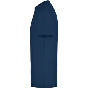A side view of a blue elastic T-shirt featuring short sleeves and a classic fit. It has a logo on the fabric.