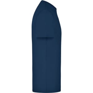 A navy blue elastic T-shirt featuring a short sleeve design and a plain style. It has a logo on the back.