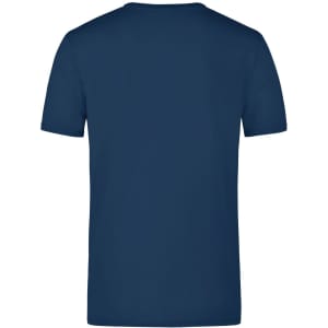 A navy blue elastic T-shirt with a round neckline and short sleeves, featuring a branding logo.