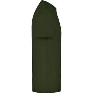 A dark green elastic T-shirt in a side view, featuring short sleeves and a round neckline. The shirt has a logo.