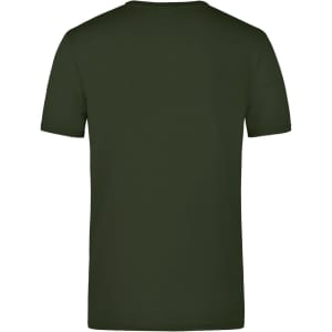A plain olive green elastic t-shirt with a crew neck and short sleeves, featuring a logo on the back.