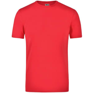A red Elastic T-Shirt displayed flat, featuring a logo on the label.