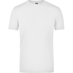 A plain white elastic T-shirt with a crew neck and short sleeves. It features a logo on the neckline.