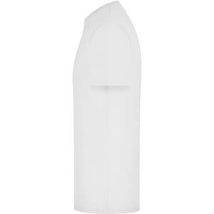 A white elastic T-shirt displayed from the side, featuring short sleeves and a simple design.