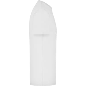 A white elastic T-shirt displayed from the side, featuring short sleeves and a minimalist design.