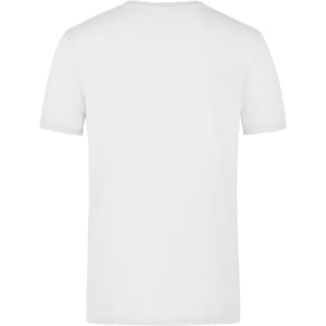 A plain white elastic T-shirt featuring a classic crew neck and short sleeves, shown from the back.