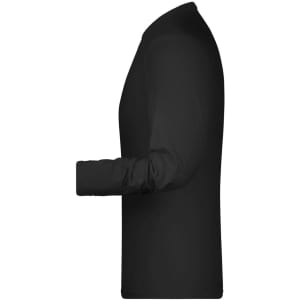 A black long-sleeved t-shirt displayed from the side, featuring a simple design and a logo.