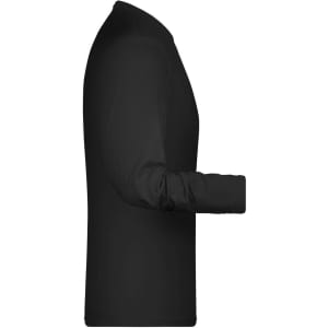 A black long-sleeve t-shirt displayed from the side, featuring a fitted design and a logo.