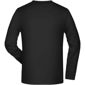 A black long-sleeve T-shirt with a plain back and a logo.