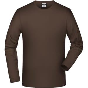 A brown long-sleeved t-shirt with an elastic fabric and a label inside the collar. It features a branded logo.