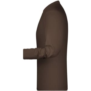 A brown long-sleeved elastic t-shirt with a fitted design, showcasing a side view. It features a logo.