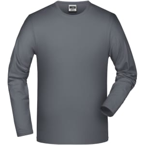 A long-sleeved elastic T-shirt in grey, featuring a crew neckline and a logo on the label.