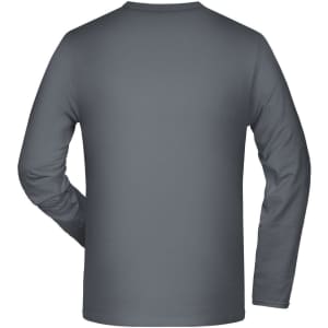 A long-sleeve, grey elastic T-shirt featuring a plain back design and a logo.