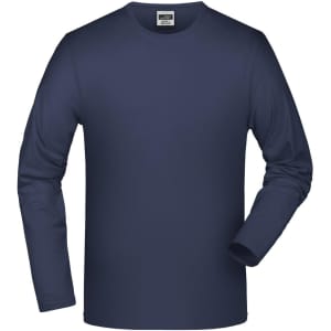 A navy long-sleeved elastic T-shirt displayed against a plain background, featuring a simple design and a label inside.