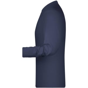 A navy long-sleeve elastic T-shirt displayed from the side, featuring a simple design and a logo.