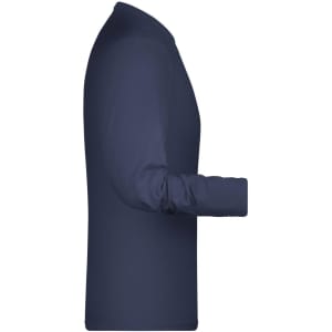 A navy blue long-sleeve t-shirt with a fitted design, featuring a logo on the side.