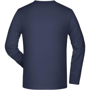 A navy long-sleeve elastic T-shirt displayed from the back, featuring a simple design and a logo.