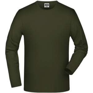 An olive green long-sleeved elastic T-shirt with a round neck, featuring a logo on the label.