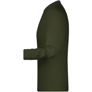 A long-sleeve elastic T-shirt in olive green, featuring a side view with an arm extended. The shirt has a logo.