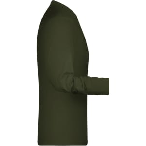 An olive green long-sleeve elastic T-shirt displayed from the side, featuring a simple design and a logo.