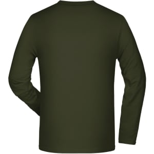 A long-sleeved t-shirt in olive green, featuring a plain back design and a logo.