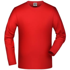 A red long-sleeve elastic T-shirt with a standard crew neck and a label inside. The shirt has a logo on the tag.