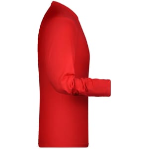A red long-sleeve elastic t-shirt displayed from the side, featuring a simple design and a branding logo.