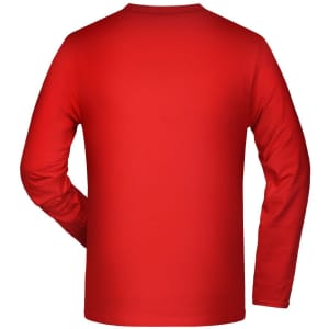 A red long-sleeve t-shirt with a plain back, designed as a promotional product. It features a logo.