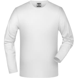 A long-sleeved white t-shirt with an elastic fabric. The shirt is plain with a slight logo on the label.