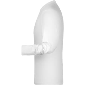 A long-sleeve white elastic T-shirt, featuring a fitted silhouette and a plain design. It has a logo on the sleeve.