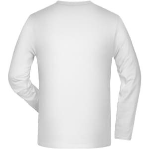 A white long-sleeve T-shirt with a plain back and a rounded neckline, featuring a logo on the label.