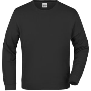A black sweater with long sleeves and a crew neckline, featuring a tag inside and a simple design.