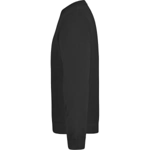 A black sweatshirt features a crew neckline and long sleeves. It has a plain design with a logo on the front.
