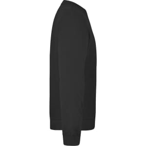 A side view of a black jumper featuring a simple design and a branding logo on the front.