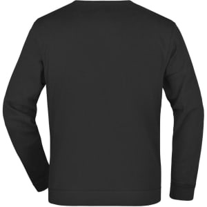A black sweater with long sleeves and a crew neckline, featuring a simple design and a logo.